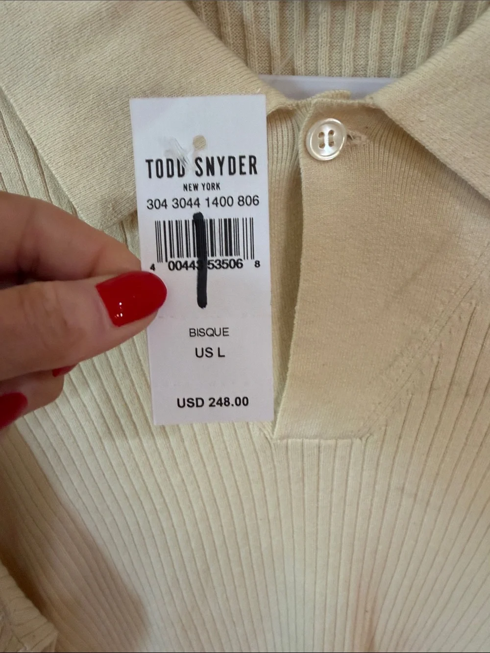 Todd Snyder Bisque Ribbed V-Neck Polo Sweater Sz L.  New/Flawed Box46